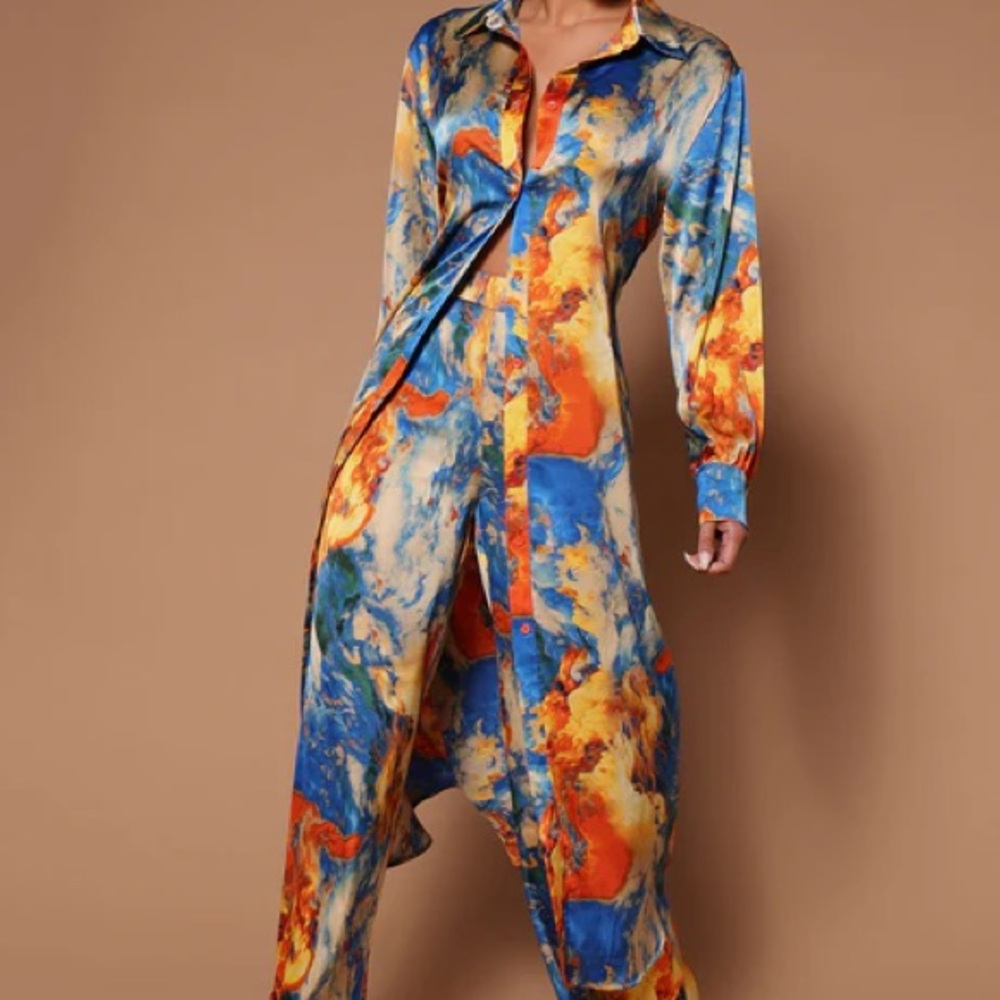 Fashion Nova Satin Midi Dress - Blue and Orange with pockets - Picture 8 of 9